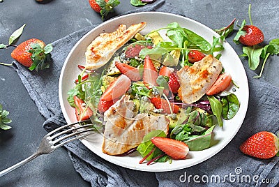 Chicken salad with avocado, strawberries, blue cheese, Stock Photo