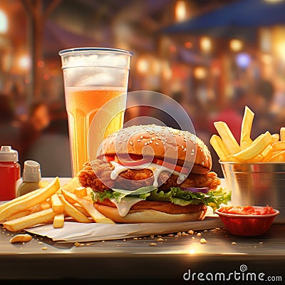 a chicken sandwich with a portion of french fries and a drink blurred restaurant in the background Stock Photo