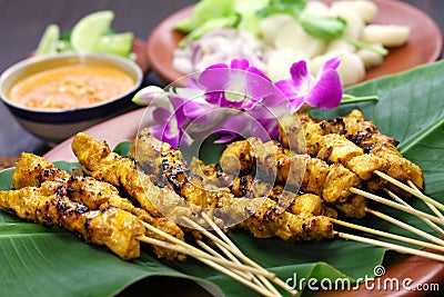 Chicken satay with peanut sauce, indonesian skewer cuisine Stock Photo