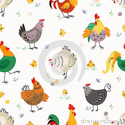 Chicken seamless pattern, farm birds spring background. Chick hen and cartoon rooster. Easter template, funny nowaday Vector Illustration