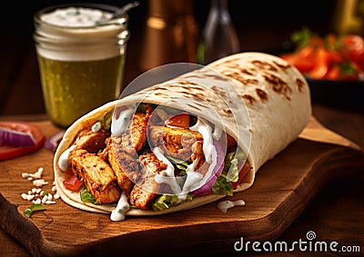 Chicken shawarma doner kebab on chopping board.Macro.AI Generative Stock Photo