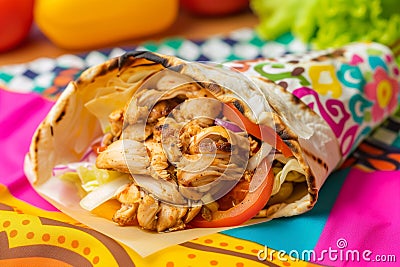 chicken shawarma readytoeat on a colorful paper wrap Stock Photo