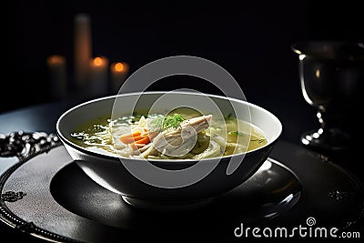 Chicken Soup, White Bouillon with Vegetables, Homemade Meat Broth, Abstract Generative Ai Illustration Stock Photo