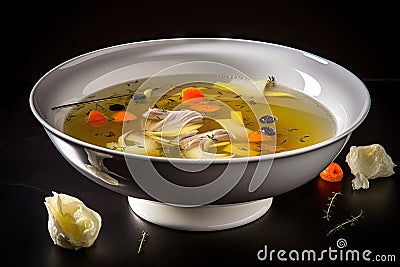 Chicken Soup, White Bouillon with Vegetables, Homemade Meat Broth, Abstract Generative Ai Illustration Stock Photo