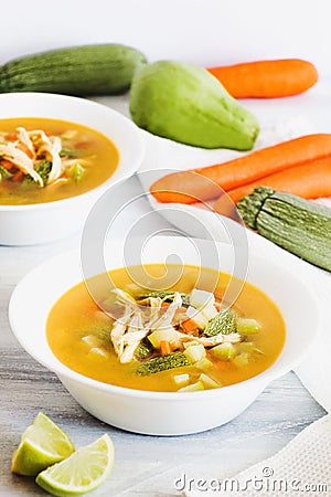 Chicken soup and in white bowl mexican food broth in mexico city Stock Photo