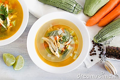 Chicken soup and in white bowl mexican food broth in mexico city Stock Photo