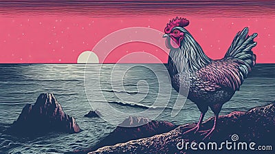 Chicken Near Brackish Water With Risograph Ra 8100 Texture Stock Photo