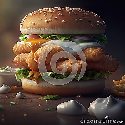 Chicken stuffed double burger, perfect burger Cartoon Illustration