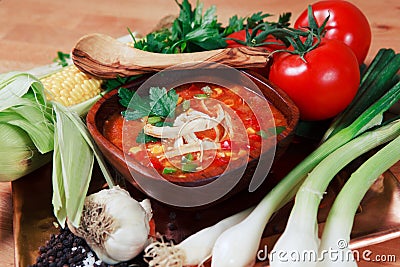 Chicken Tortilla Soup With Fresh Vegetables Stock Photo