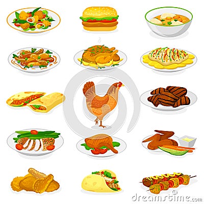 Chicken vector cartoon chick character hen and food chicken-wings with fried potatoes and barbecue meat for dinner Vector Illustration