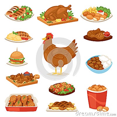 Chicken vector cartoon chick character hen and food chicken-wings with vegetables and barbecue sausage for dinner Vector Illustration