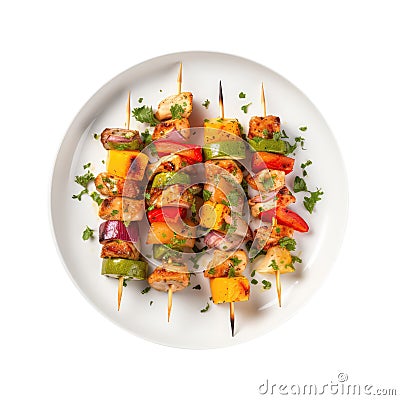 Chicken And Vegetable Kebabs On White Plate On A White Background Stock Photo