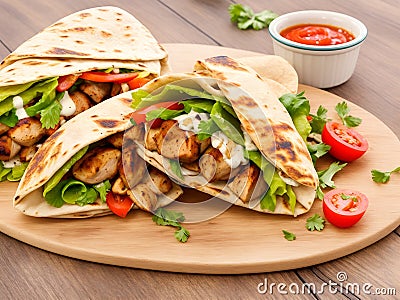 Chicken and vegetable tacos on a wooden plate on a wooden table Stock Photo