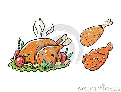 Chicken whole and leg. Cartoon vector illustration. Isolated on white background. Vector Illustration