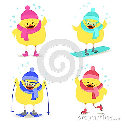 Chicken and winter sports Snowboarding, skating, skiing. Vector Vector Illustration