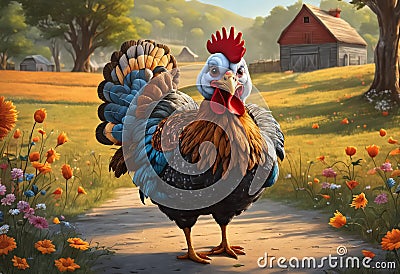 Chickens Farm with farmhouse. Generative AI Stock Photo