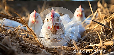 chickens in a farm with several eggs inside Stock Photo