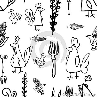 Chickens and hens Seamless Pattern Vector Illustration