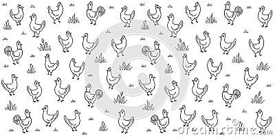 Chickens in the meadow. Poultry farm. Seamless pattern background. Henhouse. Free grazing. Chicken coop factory. Hand Vector Illustration