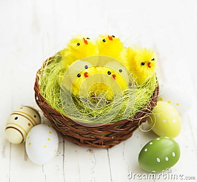 Chickens in a Nest.Easter Concept Stock Photo