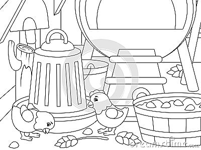 Chickens are playing in the coop. Childrens coloring, black lines, white background. Vector Illustration