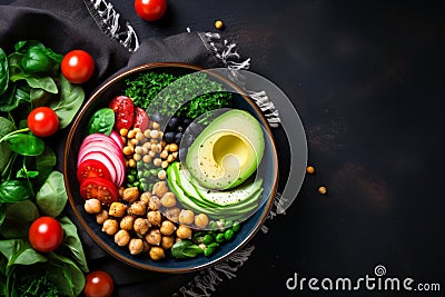 Chickpea avocado quinoa bowl. Bowl With Healthy Salad. Bowl of colourful salad with eggs and seeds. Poke bowl. Quinoa salad in Stock Photo