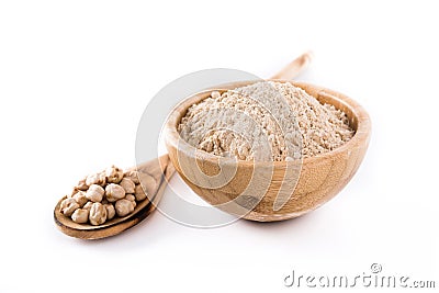 Chickpea flour in wooden bowl isolated Stock Photo