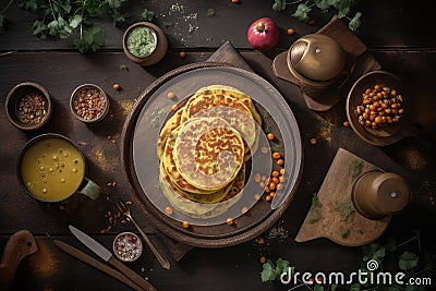 Chickpea Pancake, Socca Flatbread, Ceci Chilla Flat Bread, Besan Cheela, Abstract Generative AI Illustration Stock Photo