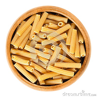 Chickpeas sedanini pasta in wooden bowl over white Stock Photo