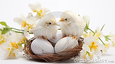 Chicks atop eggs symbolize Easter's rebirth flowers signify spring.AI Generated Stock Photo