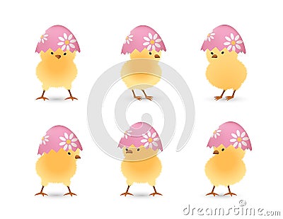 Chicks in broken flower easter eggs top set Vector Illustration