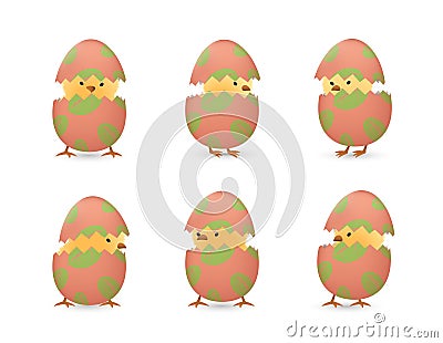 Chicks in broken leaf easter eggs set Vector Illustration