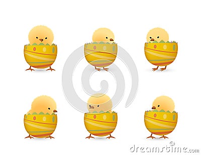 Chicks in broken line easter eggs bottom set Vector Illustration