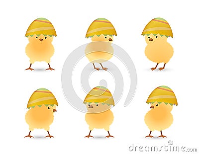 Chicks in broken line easter eggs top set Vector Illustration