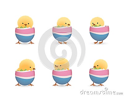 Chicks in broken rainbow easter eggs bottom set Vector Illustration