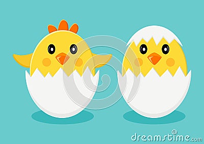 Chicks in egg shells. Vector illustration Cartoon Illustration