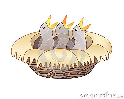 Chicks in the nest - vector full color picture. Three little chicks in a cozy nest - vector spring cute, cartoon picture. Vector Illustration