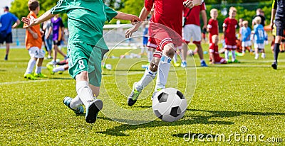 Chidren Playing Football Soccer Game on Sports Field. Boys Play Soccer Match on Green Grass. Youth Soccer Tournament Teams Editorial Stock Photo