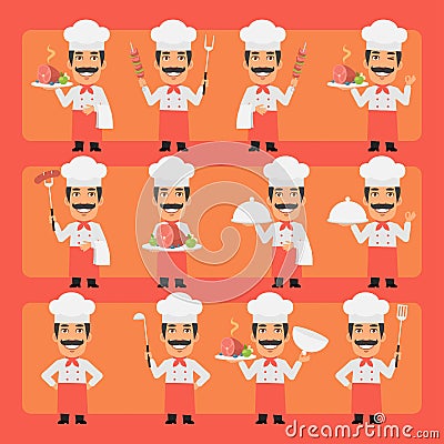 Chief cooker in different poses and emotions Pack 1. Big character set Vector Illustration