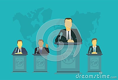 Chief deputy on the rostrum tribune. Politics events International Assembly, the policy of government nation president Vector Illustration