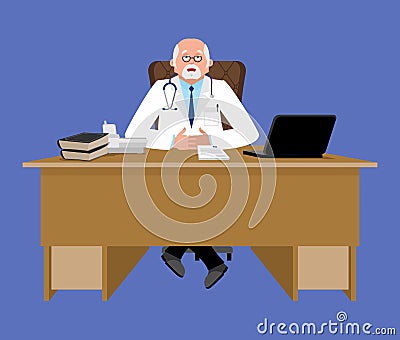 Chief doctor at desk. Medical Office. Physician working in his o Vector Illustration