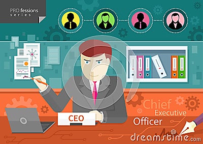 Chief executive officer sitting at table in office Vector Illustration