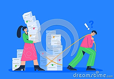 A chief gives the employee a lot of tasks and paperwork. A tired man with stacks of office papers and documents. Vector Illustration