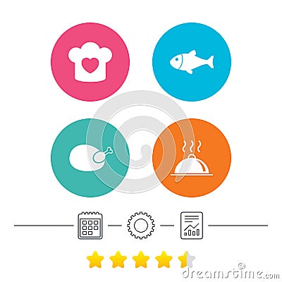 Chief hat, cooking pan icons. Fish and chicken. Vector Illustration