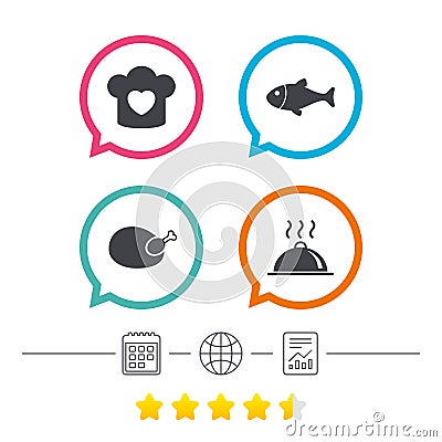 Chief hat, cooking pan icons. Fish and chicken. Vector Illustration