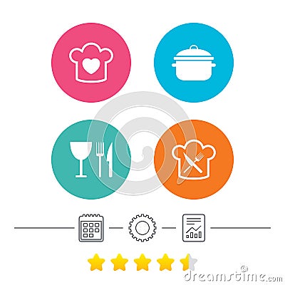 Chief hat, cooking pan icons. Fork and knife. Vector Illustration