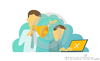 The chief with horn shouted yelling at his subordinate. The man hurries. Vector Illustration