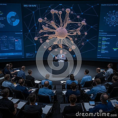 Chief Project Engineer Holds Briefing for a Team of Scientists that are Building Machine Learning System. Stock Photo