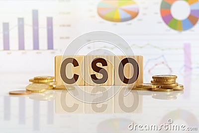 CSO the word on wooden cubes, cubes stand on a reflective surface, in the background is a business diagram Stock Photo