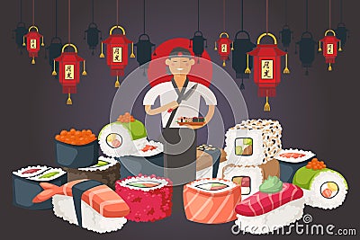 Chiefs asian nationality people vector illustration. Professional sushi cook in special gown, apron. Man holds knife and Vector Illustration